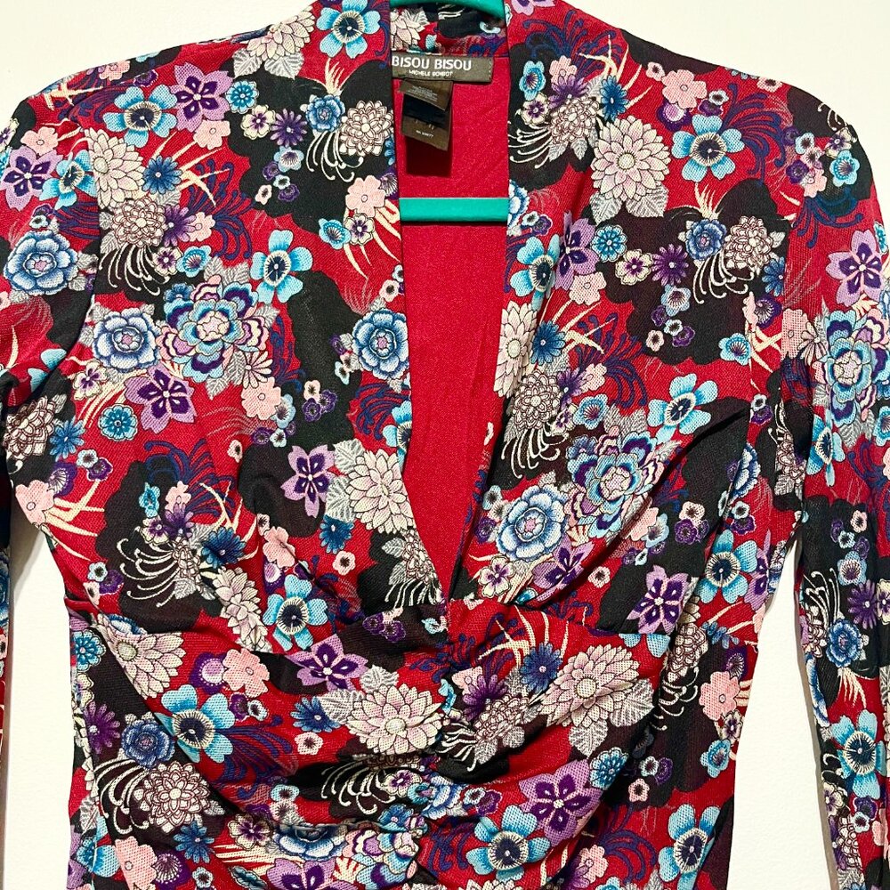 Womens Y2K Mesh Asian Floral Top M Red Ruched Fairy Grunge Hippie Festival Artsy - Picture 4 of 8